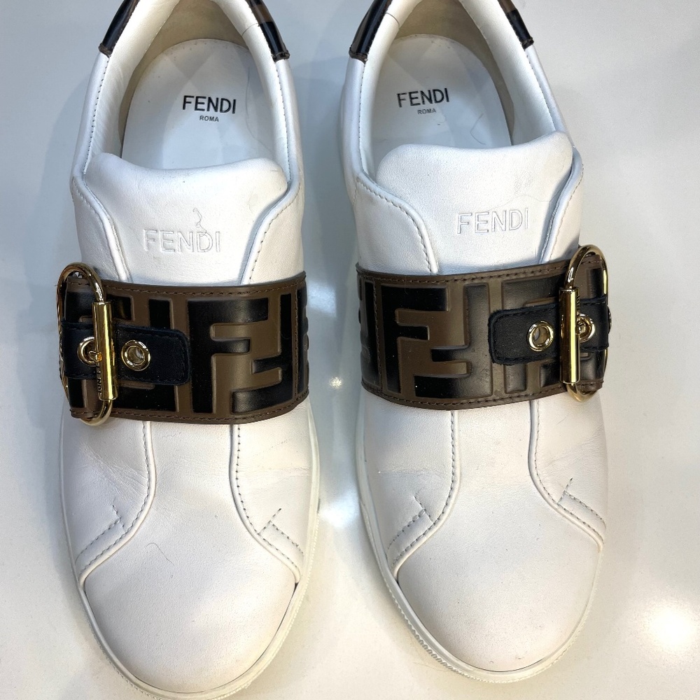 Women’s White Fendi Logo Buckle Sneaker, Size 7